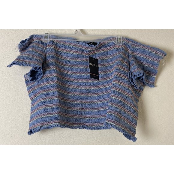 Forever 21 Knit Smocked Off the Shoulder Blue Crop Top Size 2X NWT - Picture 3 of 5